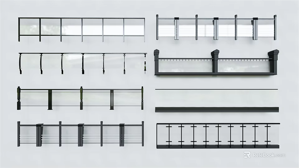 Different Modern Fence Designs With Glass Panels And Metal Frames 3d model