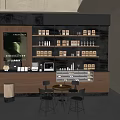 Modern Cafe Interior Design With Wooden Counter Coffee Product Shelves And Tables