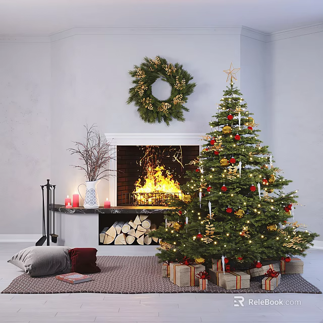 Christmas Living Room With Decorated Tree Burning Fireplace Firewood Candles And Gifts 3d model 