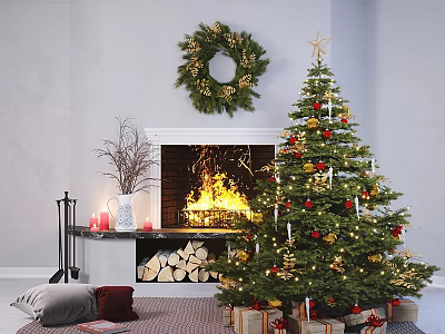 Christmas Living Room With Decorated Tree Burning Fireplace Firewood Candles And Gifts 3d model