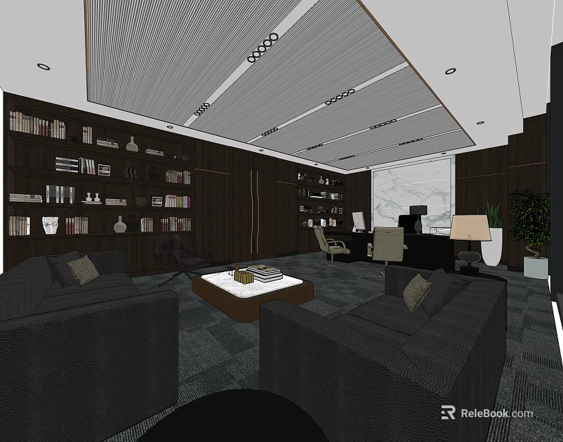 Hotel Public Lounge Area With Modern Design Dark Sofas Coffee Table Bookshelves And Green Plant 3d model 