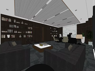 Hotel Public Lounge Area With Modern Design Dark Sofas Coffee Table Bookshelves And Green Plant 3d model