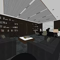 Hotel Public Lounge Area With Modern Design Dark Sofas Coffee Table Bookshelves And Green Plant