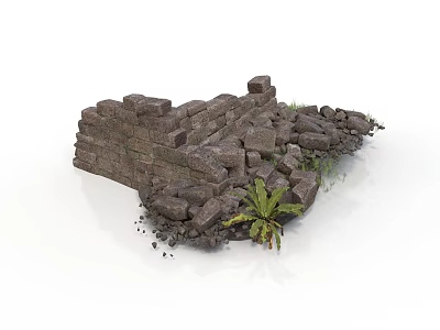 Modern Scenic Design with Stone Wall Ruins and Green Plant Accents 3d model