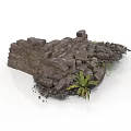 Modern Scenic Design with Stone Wall Ruins and Green Plant Accents