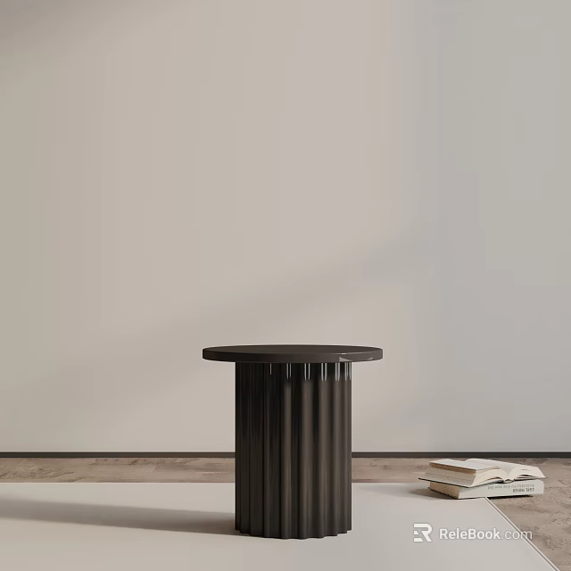 Black Round Side Table with Fluted Base in Modern Indoor Setting with Stacked Books 3d model