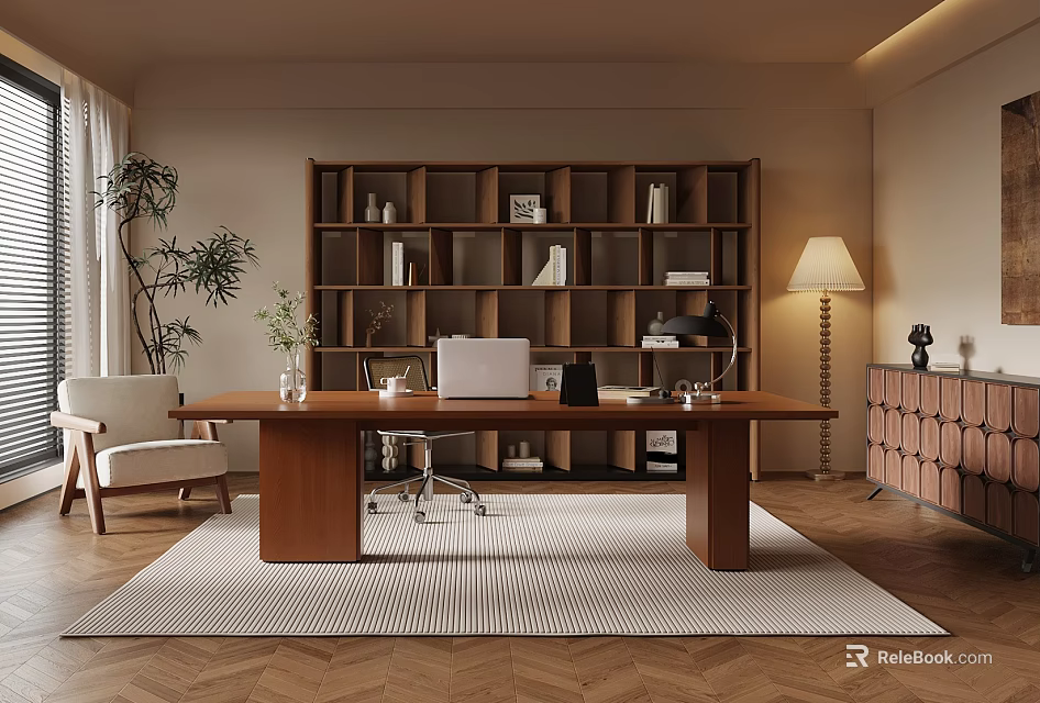 Modern Home Office Interior With Wooden Desk Bookshelf Floor Lamp Potted Plant And Striped Rug 3d model 