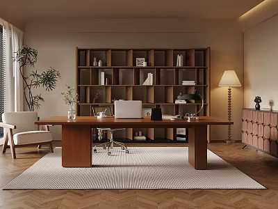 Modern Home Office Interior With Wooden Desk Bookshelf Floor Lamp Potted Plant And Striped Rug 3d model