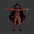 Hooded Sci Fi Character in Red Armor with Mask Cloak and Outstretched Arms