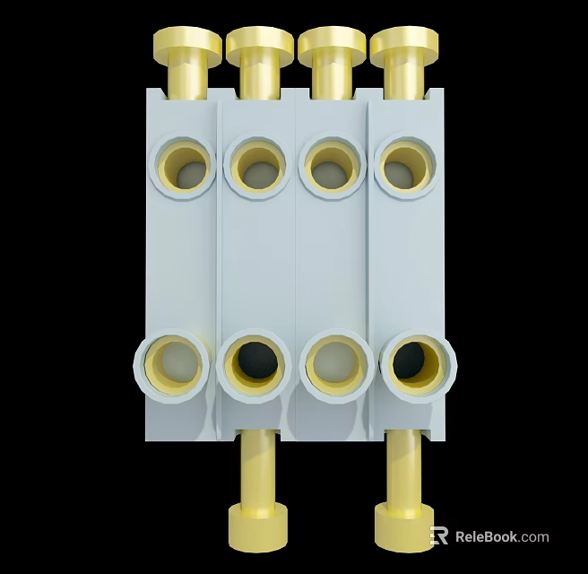 White Pipe Connector Structure With Gold Metal Pipes And Circular Holes 3d model 