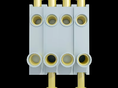 White Pipe Connector Structure With Gold Metal Pipes And Circular Holes 3d model