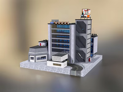 Modern Multi Storey Commercial Complex with Glass Facade Adjacent Buildings and Roof Structures 3d model