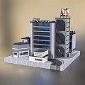 Modern Multi Storey Commercial Complex with Glass Facade Adjacent Buildings and Roof Structures