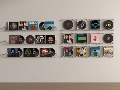 Stylish Vinyl Record Wall Hanging Rack Displaying Various Cover Records Neatly Arranged 3d model