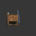 Wooden Nightstand With Two Drawers Open Shelf Blue Umbrella And White Mug On Wooden Floor