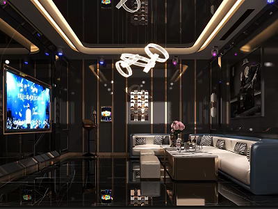 Modern KTV Lounge Interior Design With Large Screen TV Comfortable Sofas And Decorative Chandeliers 3d model