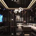 Modern KTV Lounge Interior Design With Large Screen TV Comfortable Sofas And Decorative Chandeliers 3d model