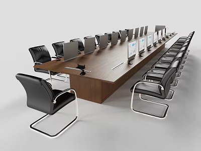 Modern Wooden Conference Table with Black Chairs and Monitors in Office Meeting Room 3d model