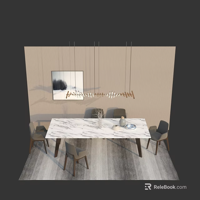 Modern Dining Set With Marble Top Chairs Hanging Light And Artwork Backdrop 3d model
