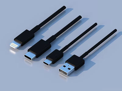 Black Data Charging Cables With USB Lightning Type C Interfaces For Daily Life Essentials 3d model