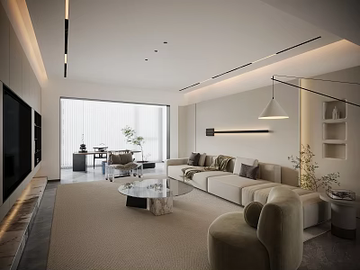 Modern Living Dining Room Interior With Beige Sofa Coffee Table And Floor to Ceiling Window 3d model