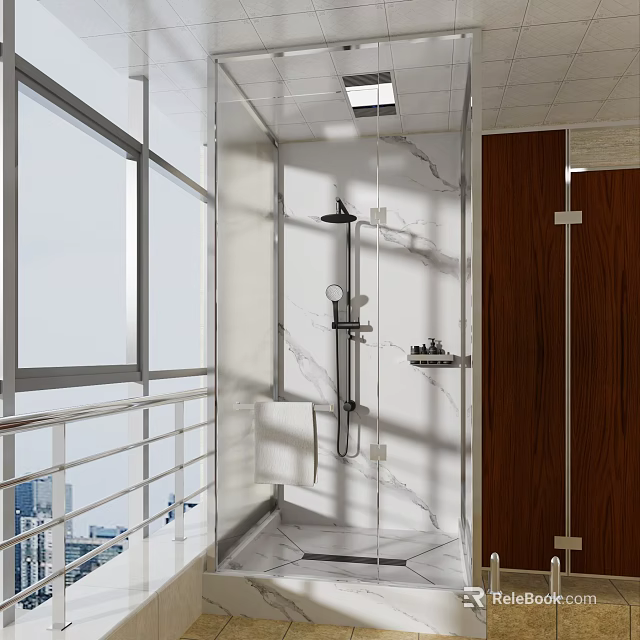 Modern Bathroom With Rainfall Shower Head And Marble Walls Large Windows 3d model 