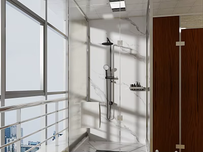 Modern Bathroom With Rainfall Shower Head And Marble Walls Large Windows 3d model