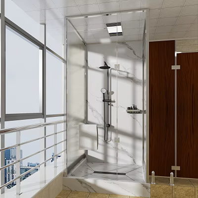 Modern Bathroom With Rainfall Shower Head And Marble Walls Large Windows 3d model