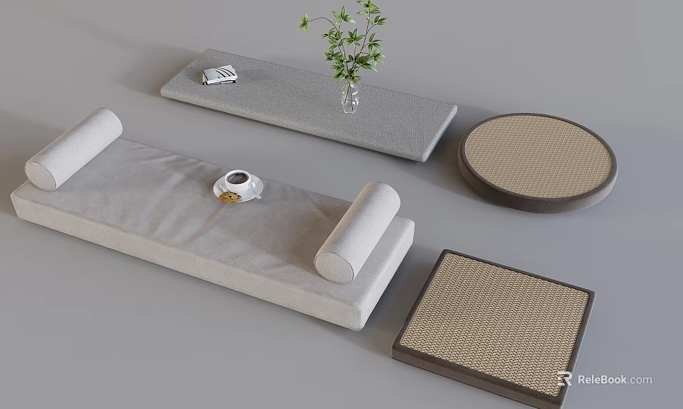 Minimalist Home Decor With Rectangular Round Square Floor Cushions And Green Plant 3d model