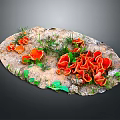 Vibrant Red Mushrooms And Green Grass Growing On Natural Rock Surface