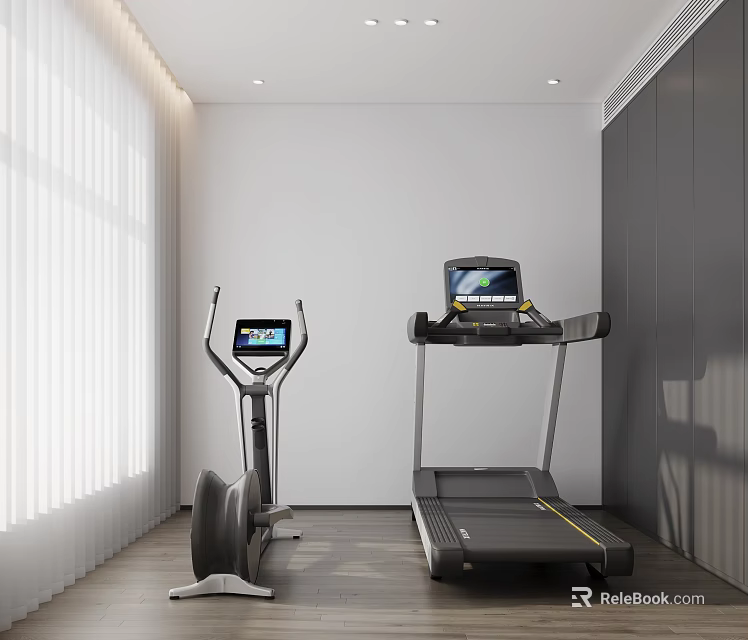 Fitness Equipment Elliptical Trainer And Treadmill In Modern Indoor Room With Screens Wooden Floor 3d model 