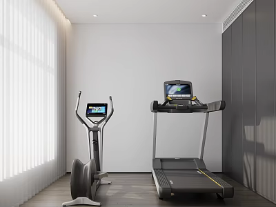Fitness Equipment Elliptical Trainer And Treadmill In Modern Indoor Room With Screens Wooden Floor 3d model