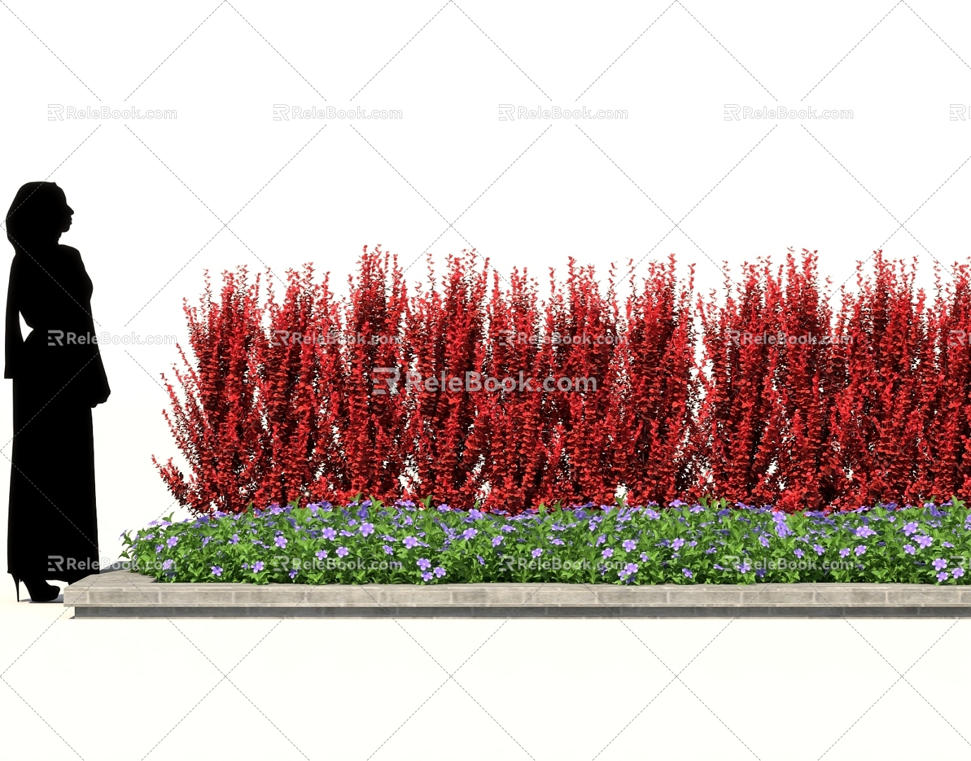 Red leaf shrub fence hedge landscape wall group background 3d model