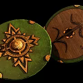 Green And Wooden Decorative Plates With Sun And Branch Patterns And Gold Accents