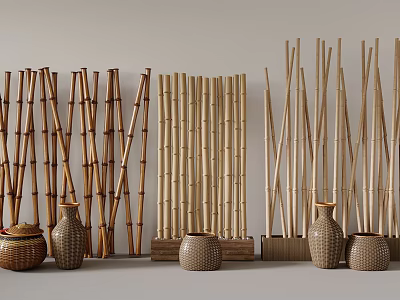 Bamboo Room Dividers With Decorative Vases And Woven Baskets In Interior 3d model