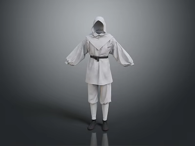 Gray Hooded Robe Costume With Belt Long Sleeves Pants And Black Shoes 3d model