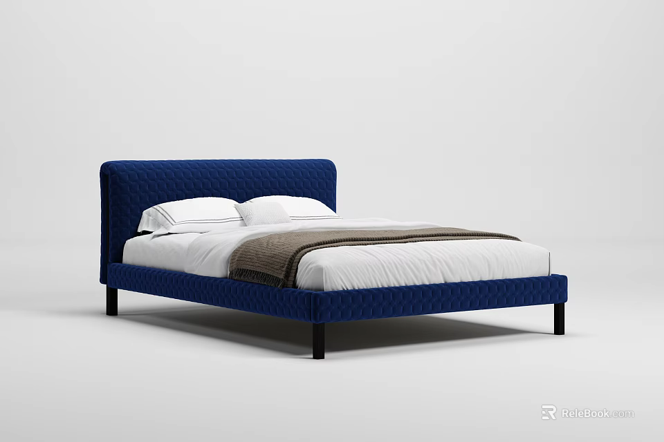 Navy Blue Upholstered Double Bed With Diamond Tufted Headboard White Sheets And Brown Throw 3d model