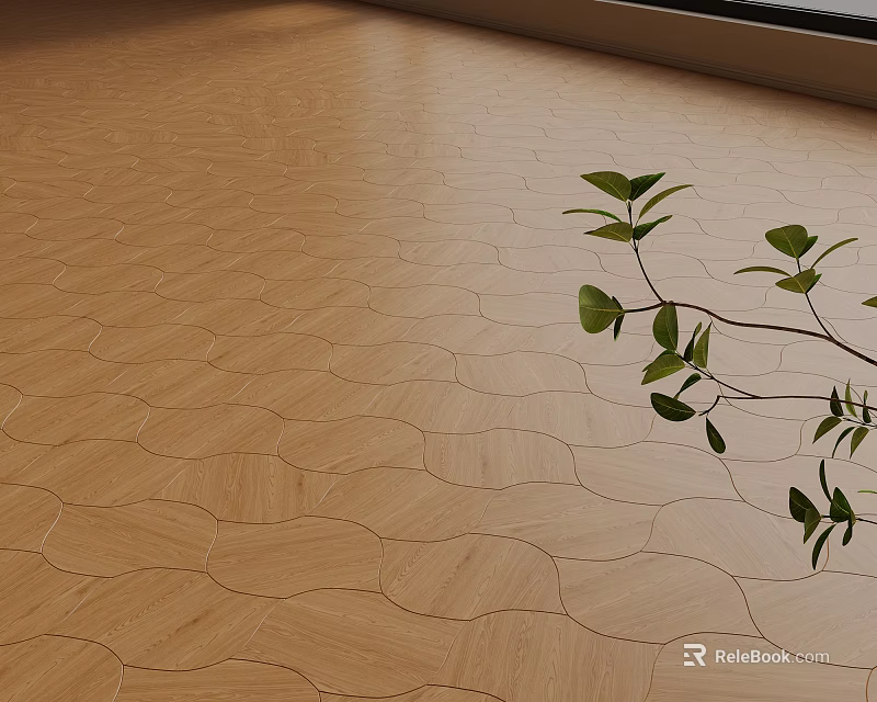 Wooden Floor With Wavy Pattern Design And Green Plant In Interior Space 3d model 