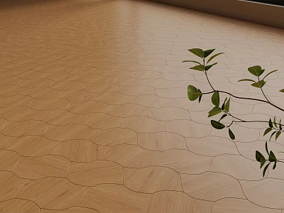 Wooden Floor With Wavy Pattern Design And Green Plant In Interior Space 3d model