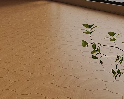 Wooden Floor With Wavy Pattern Design And Green Plant In Interior Space 3d model