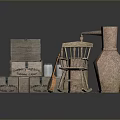 Rustic Scene With Vintage Wooden Crates Rocking Chair And Distillation Still