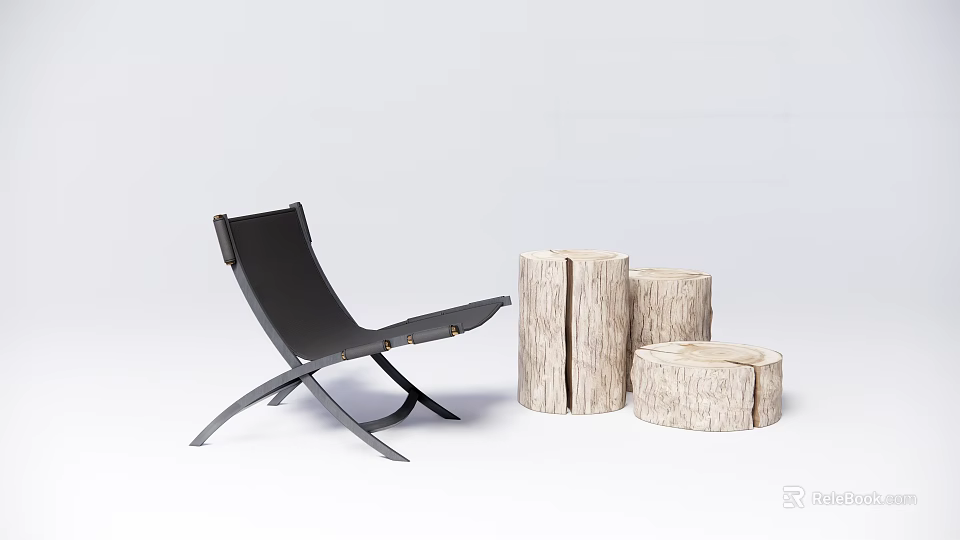 Modern Black Leisure Chair With Metal Frame And Natural Wood Stump Side Tables 3d model 