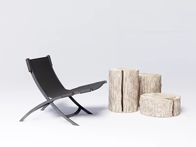 Modern Black Leisure Chair With Metal Frame And Natural Wood Stump Side Tables 3d model