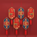 Chinese Traditional Festive Lanterns With Ji Character Patterns And Tassels On Red Background