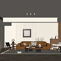 Modern Living Room Interior With Brown Sofa Coffee Table Decorative Painting And Ceiling Lights
