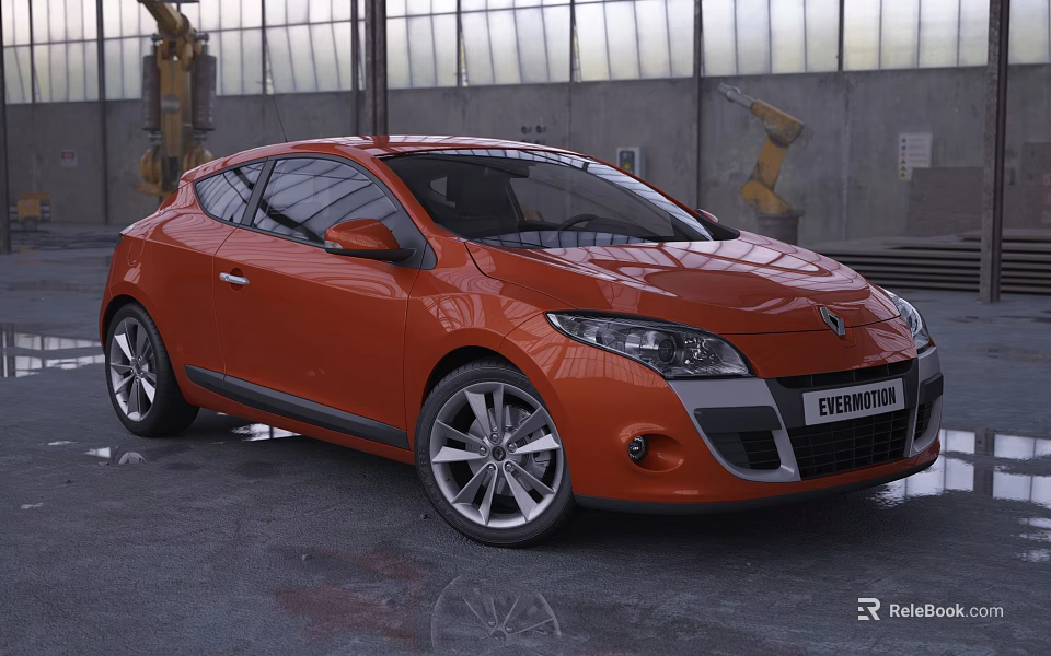 Orange Renault Megane Coupe in Industrial Garage Setting With Sleek Exterior Design 3d model 