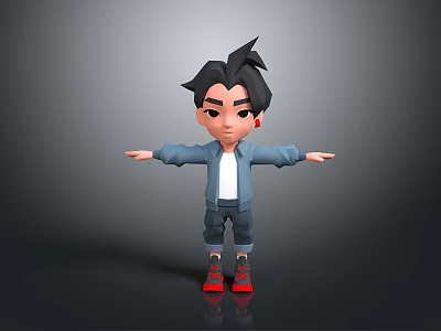 Child With Black Hair In Blue Jacket White T-shirt Gray Pants Red Shoes Arms Outstretched 3d model
