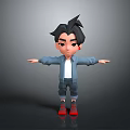 Child With Black Hair In Blue Jacket White T-shirt Gray Pants Red Shoes Arms Outstretched
