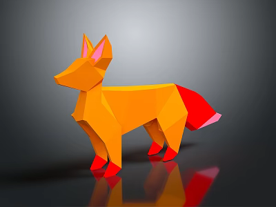 Low Poly Orange Fox Game Character With Red Tail Standing On Black Background With Reflection 3d model