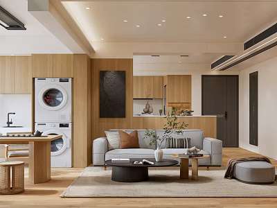 Modern Living and Dining Room Interior With Wooden Elements Sofa Coffee Table And Rug 3d model